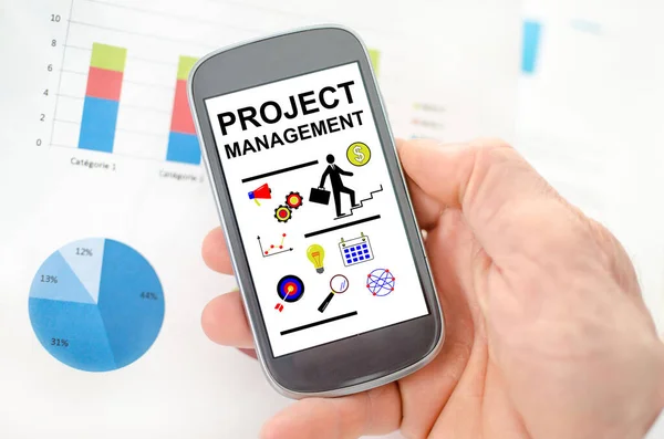 Project Management Concept Smartphone Held Hand — Foto Stock