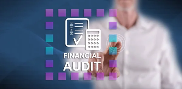Man Touching Financial Audit Concept Touch Screen His Finger — Stock Photo, Image