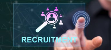 Adam dokunmatik ekranda işe alım konseptine parmağıyla dokunuyor.