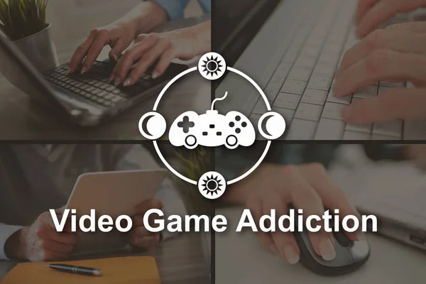 Video game addiction concept illustrated by pictures on background