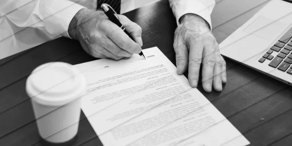Hand Businessman Signing Contract Lorem Ipsum Text Used Geometric Pattern — Stock Photo, Image