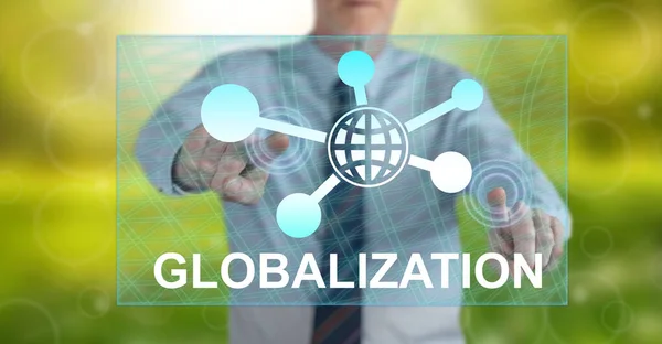 Man Een Globalisering Concept Een Touchscreen Met Zijn Vingers Aan — Stockfoto