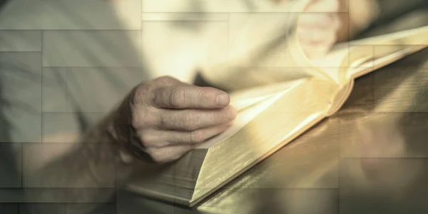 Man Reading Bible Dim Light Geometric Pattern — Stok fotoğraf