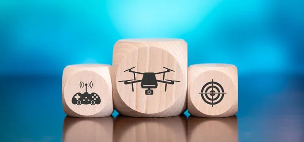 Wooden Blocks Symbol Drone Concept Blue Background — Stockfoto