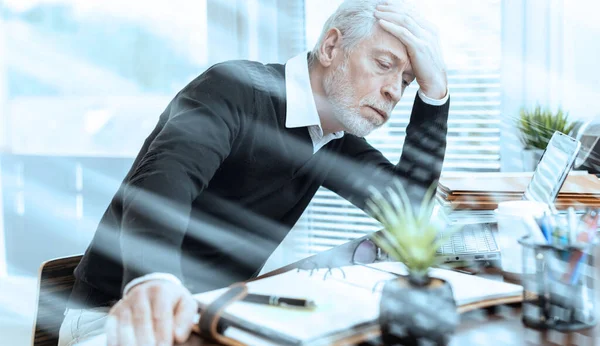 Portrait Overworked Senior Businessman Sitting Office Light Effect — Φωτογραφία Αρχείου