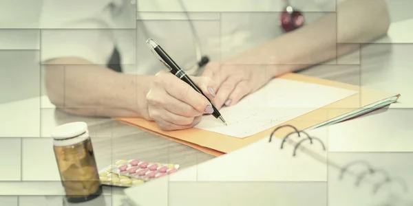 Female doctor writing a medical prescription in office, geometric pattern