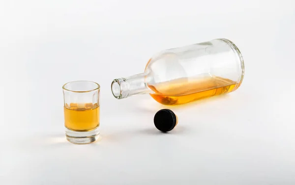 Unfinished Bottle Alcohol Cork Glass White Background Concept Alcoholism — Stock Photo, Image