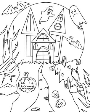 Cadılar Bayramı partisi ve balkabakları. Renk sayfası 