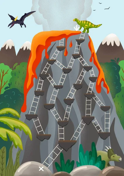 Labyrinthe Labyrinthe Pour Enfants Jeu Logique Volcan Dinosaure — Photo