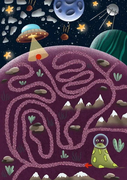 Labyrint Eller Labyrint För Barn Logiskt Spel Utrymme Och Ufo — Stockfoto