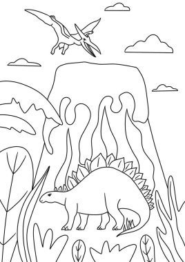 Boyama sayfası. Mantıklı bir oyun. Volkan ve dinozor. 