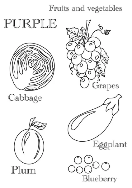 Set Purple Fruits Vegetables Colouring Page — Stock Photo, Image