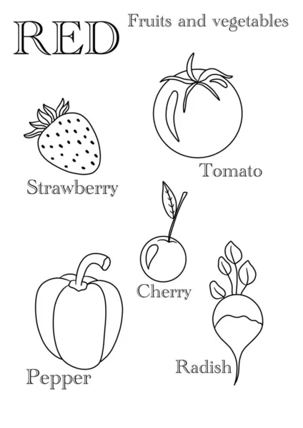 Conjunto Frutas Legumes Vermelhos Página Para Colorir — Fotografia de Stock