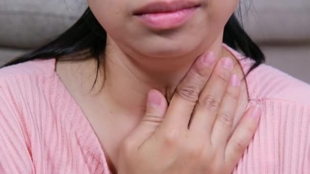 Asian Woman Touching Painful Neck Feeling Pain Throat Flu Home — Vídeos de Stock