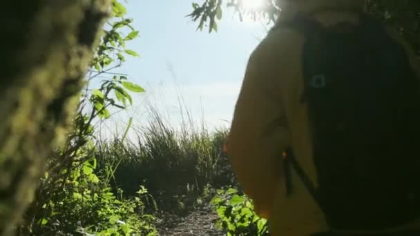 Giovane Donna Giacca Gialla Escursioni Una Foresta Tropicale Autunno Una — Video Stock