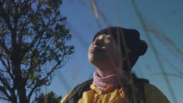 Πορτρέτο Μιας Γυναίκας Ένα Κίτρινο Σακάκι Που Στέκεται Στην Κορυφή — Αρχείο Βίντεο