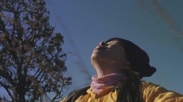 Uma Mulher Com Uma Jaqueta Amarela Fica Topo Uma Montanha — Vídeo de Stock