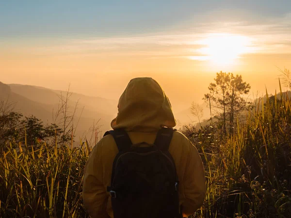 日の出の山の上に立つ黄色いジャケット姿の女性の後ろ姿と 清々しい空気の中で自然の呼吸で静かな一日を楽しみながら見上げる — ストック写真