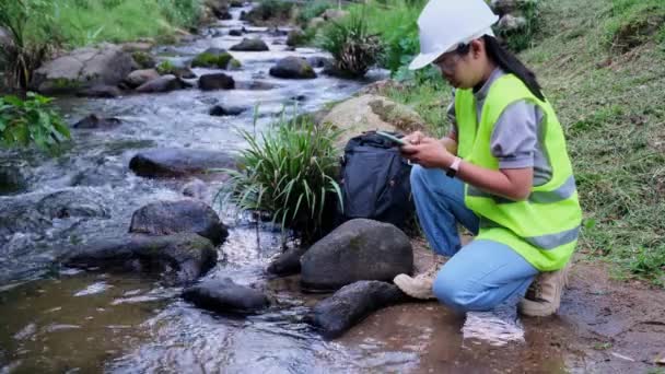Engenheiros Ambientais Inspecionam Qualidade Água Fontes Água Naturais Gravam Dados — Vídeo de Stock