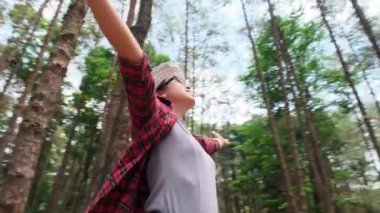 Hippi bir kadının çam ormanlarında kollarını açmış ağaçlara baktığı düşük açılı bir manzara. Mutlu Asyalı kadın gezgin çam ağacı bahçesini geziyor..