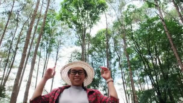 Hippi Bir Kadının Çam Ormanlarında Kollarını Açmış Ağaçlara Baktığı Düşük — Stok video