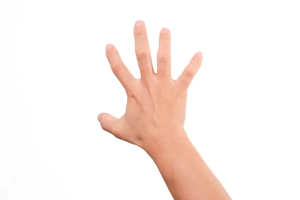 Vrouwelijke Hand Proberen Bereiken Grijpen Iets Geïsoleerd Witte Achtergrond — Stockfoto