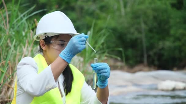 Mãos Ambientalistas Femininas Luva Coletam Amostras Água Rio Para Explorar — Vídeo de Stock