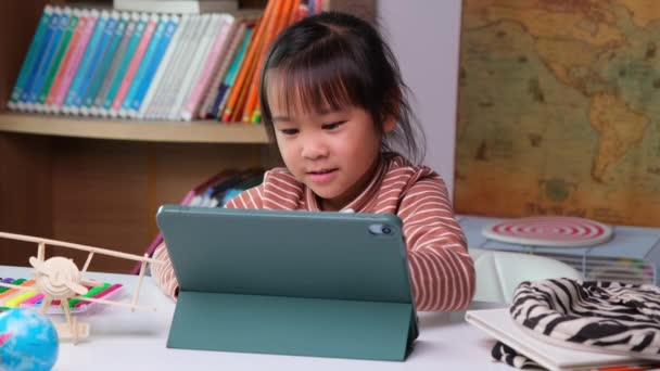 Cute Little Girl Holding Stylus Pen Working Tablet Child Using — ストック動画
