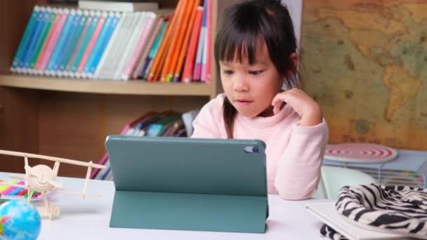 Cute Little Girl Holding Stylus Pen Working Tablet Holding Wooden — Video