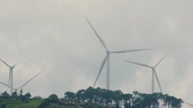 Panoramic view of wind turbines or wind farm with beautiful landscapes and blue sky to generate clean renewable green energy for sustainable development. Windmills for electric power production.