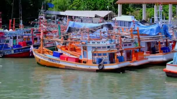 Рыбацкие Лодки Креветочные Лодки Пирсе Лаем Хин Пхукет Таиланд Рыбацкие — стоковое видео