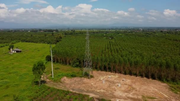 Vista Aérea Local Construção Rural Fundação Pólo Alta Tensão Vista — Vídeo de Stock