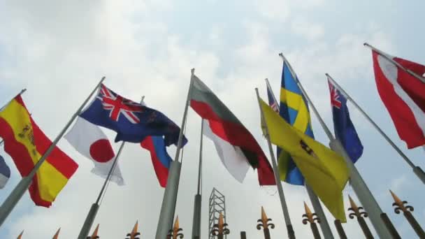 Internationale vlaggen waait in de wind, volledige hd. — Stockvideo