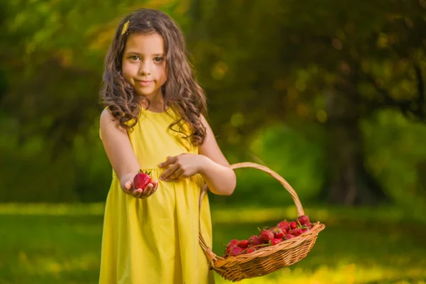 Happy little girl holding basket with fresh strawberries — Stock Photo, Image