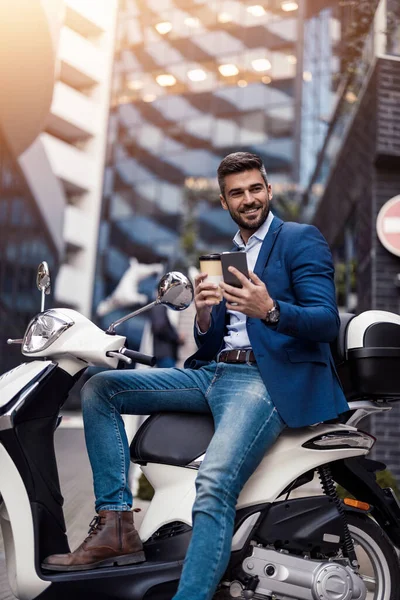Handsome Businessman Portrait Outdoor Sitting His Motorbike Use Phone — Stok fotoğraf