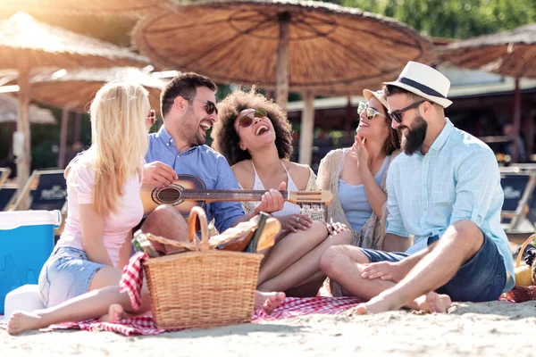 Arkadaşlar eğlenmeye sahilde gitar ile grup. Yaz, tatil, tatil, müzik ve insan kavramı.