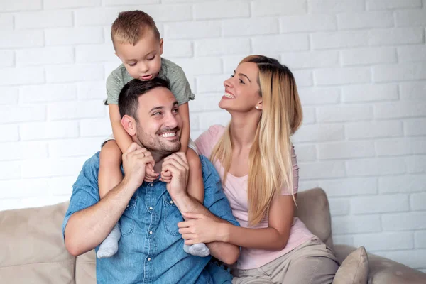 Happy Family Sitting Sofa Laughing Together Cheerful Parents Playing Son — Stock Photo, Image