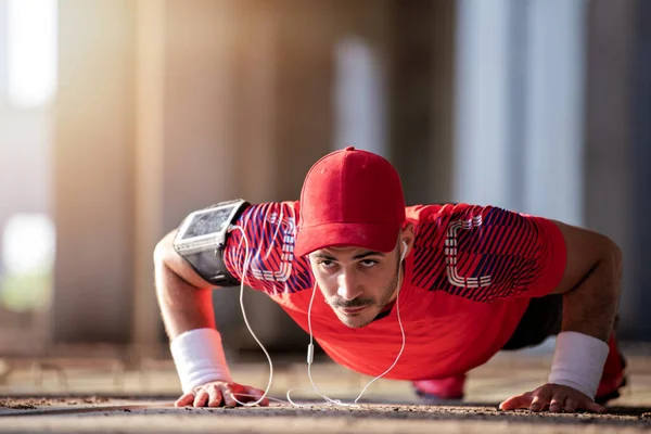 Sport Young Athletic Man Doing Push Ups Outdoors — Foto Stock