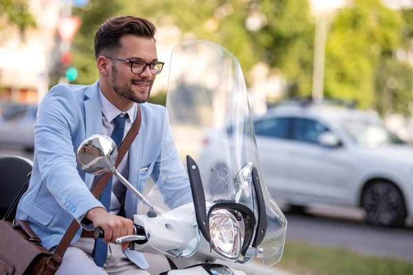 Handsome Young Businessman Riding Motorbike — Stok fotoğraf