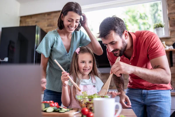 Cooking Food Home Concept Family Cutting Vegetables Prepare Salads Lunch — Fotografia de Stock