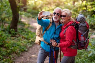 Doğada kıdemli bir çift ormanda yürüyor. Yürüyüş.