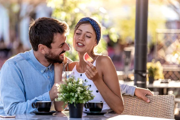 Attractive Young Couple Date Sitting Street Cafe Summer — Stock Photo, Image