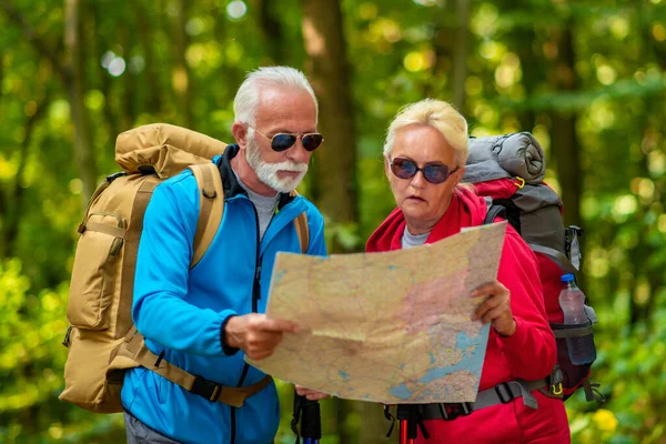 Pareja Senderistas Mayores Mirando Mapa Durante Caminata Bosque — Foto de Stock