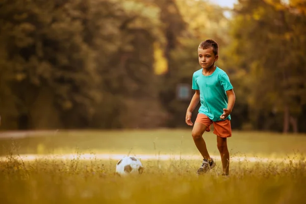 Jovem Menino Jogando Futebol Parque Ação Com Bola Futebol Futebol — Fotografia de Stock