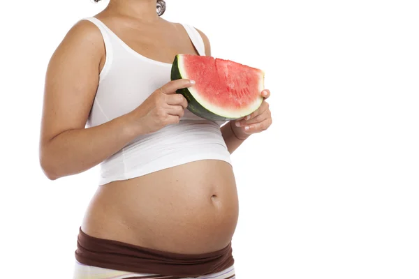 Pregnant woman with watermelon, isolated — Stock Photo, Image