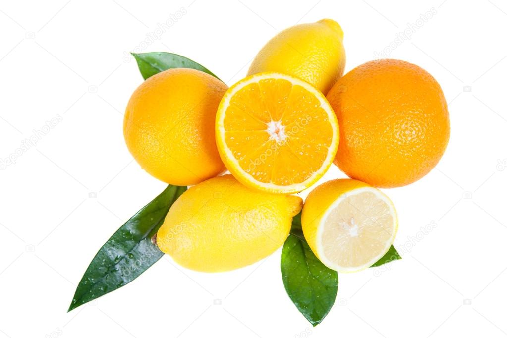orange and lemon fruit with leaves isolated on white background