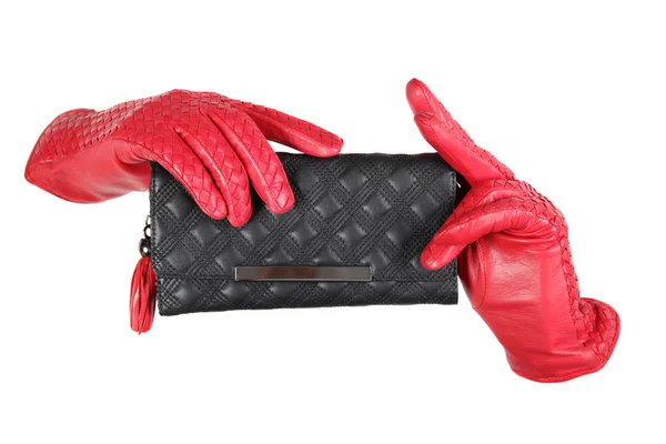 Rote Lederhandschuhe und schwarze Handtasche, isoliert — Stockfoto