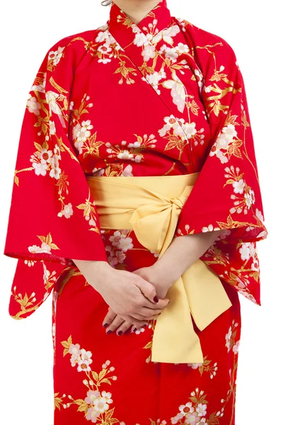 Kobieta ubrana japoński kimono, na białym tle. — Zdjęcie stockowe