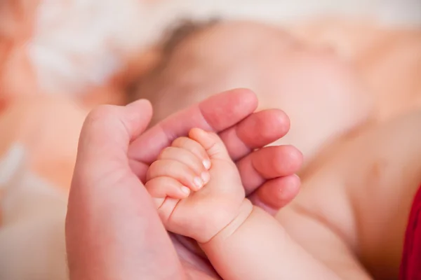 Trzyma rękę nowo narodzonego dziecka — Zdjęcie stockowe