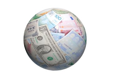 Ball or Sphere of different banknotes. World Paper Money background
